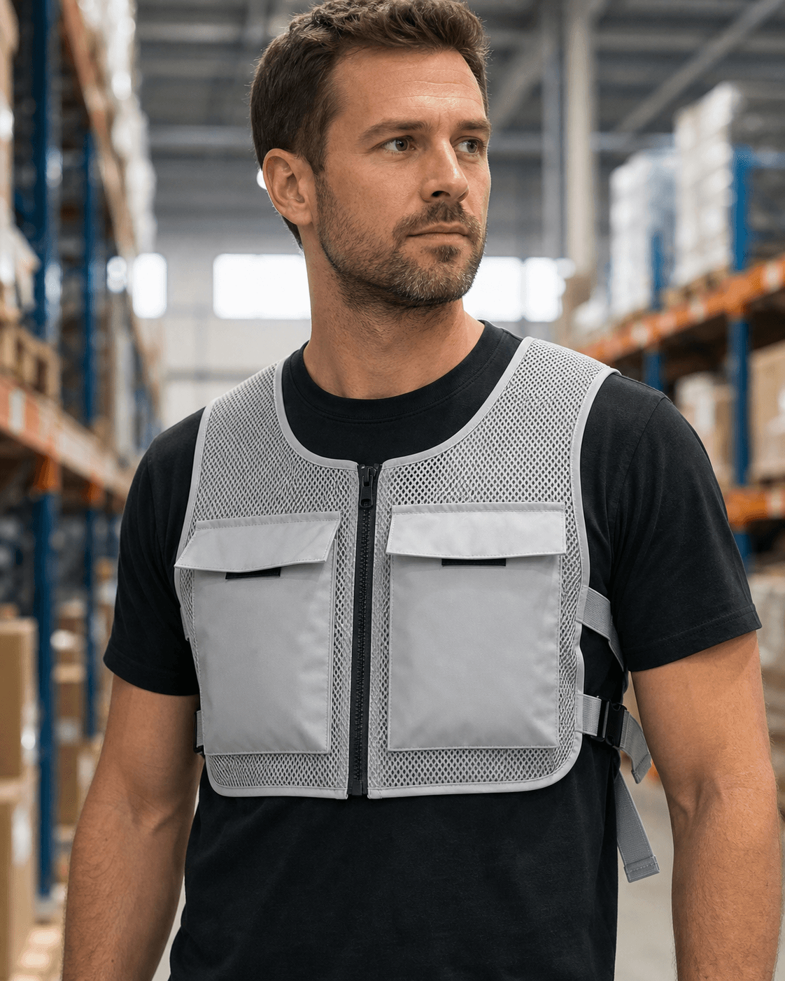 Western adult worker wearing a short silver-gray PCM cooling vest in an industrial corridor